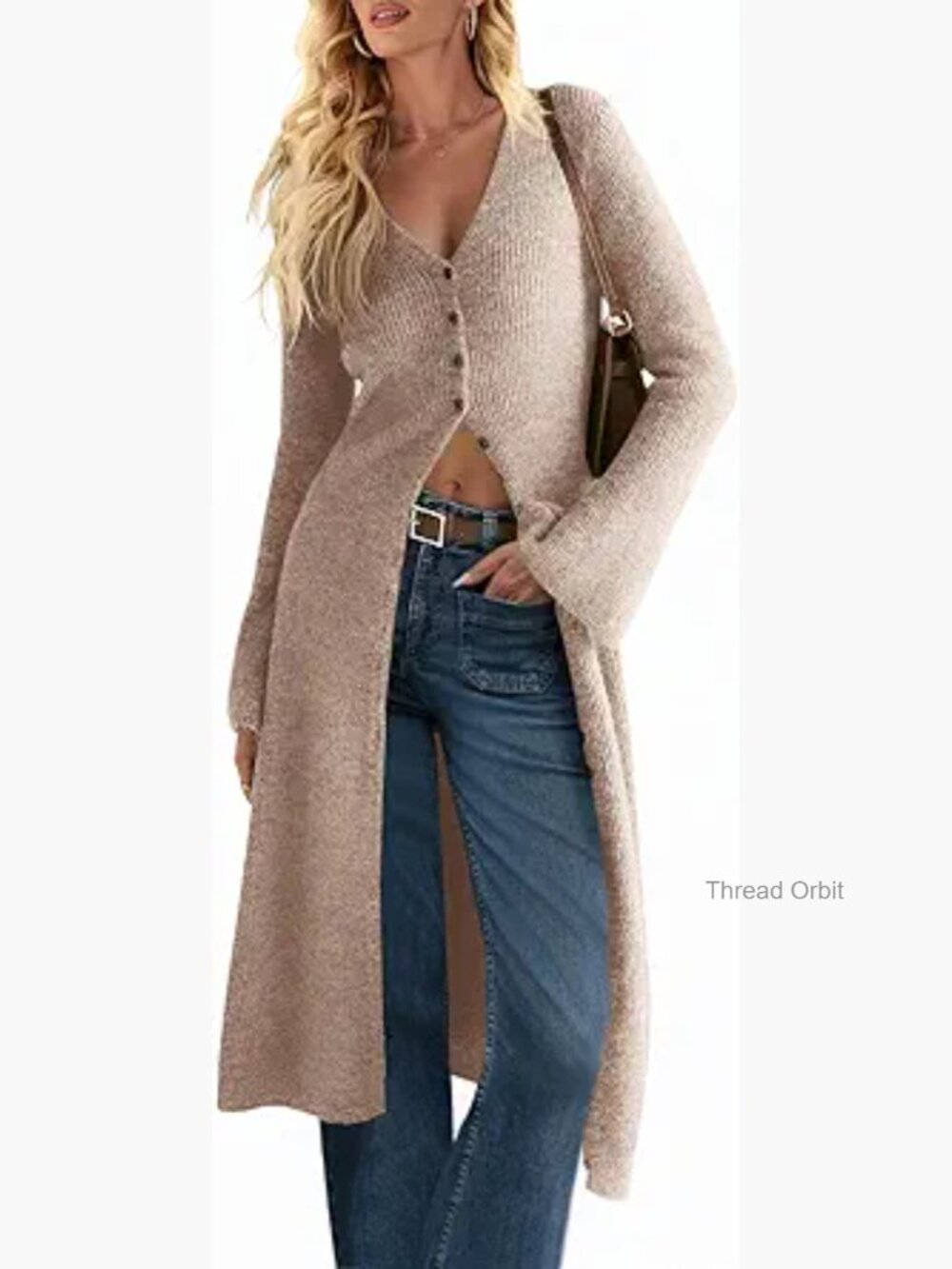 Oversized Long Cardigan Sweater Bell Sleeve Open Front Button Down Midi Dress